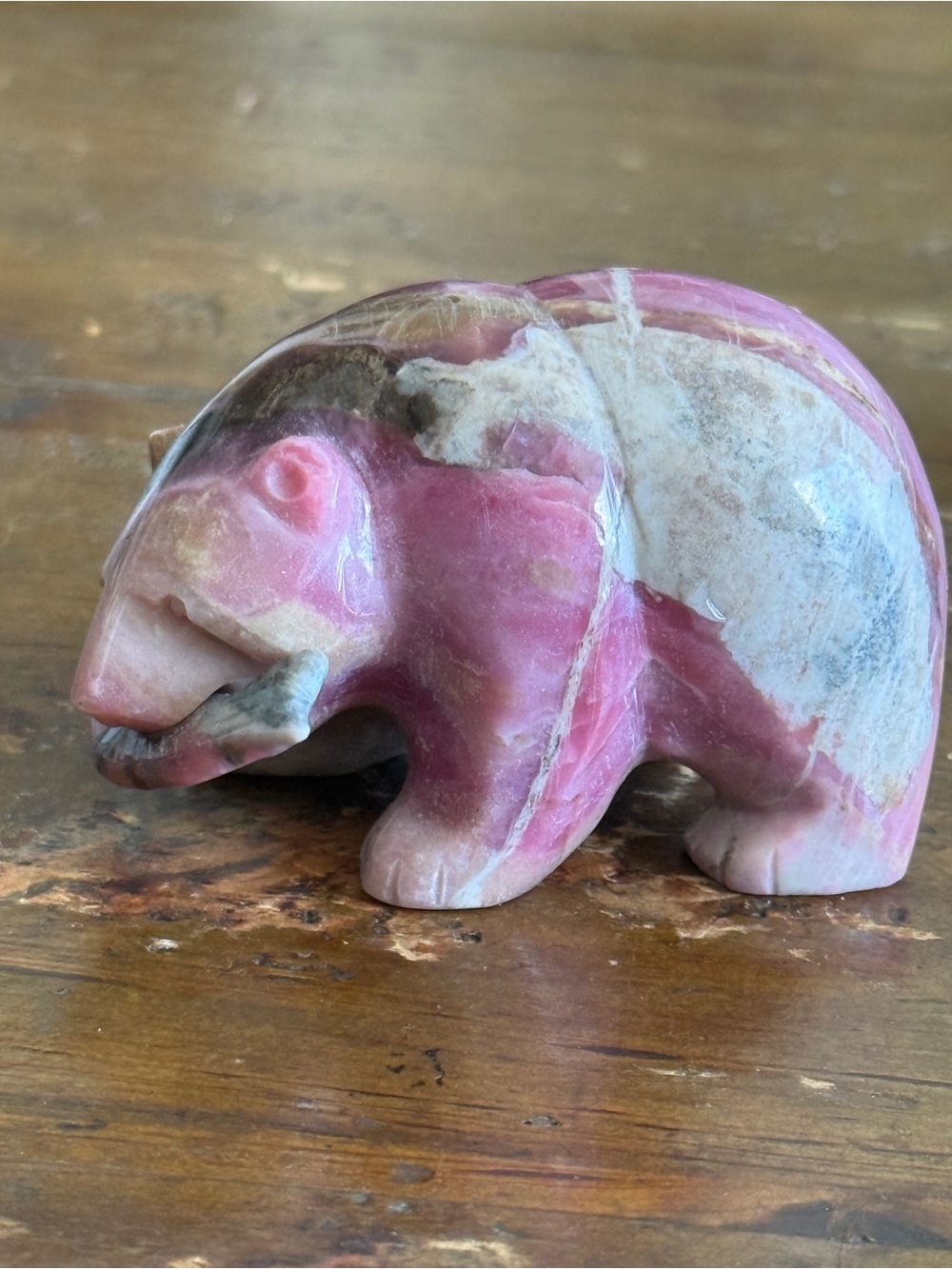 Carved Bear With Fish/Salmon Exquisite Hand Carved Vintage 3”x 2”